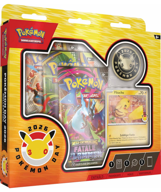 Kollektion Pokémon Day 2026 (1 holografische Promokarte, 1 Münze und 3 Boosterpacks)